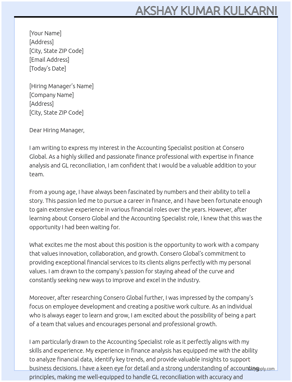 Accounting Specialist At Consero Global Cover Letter