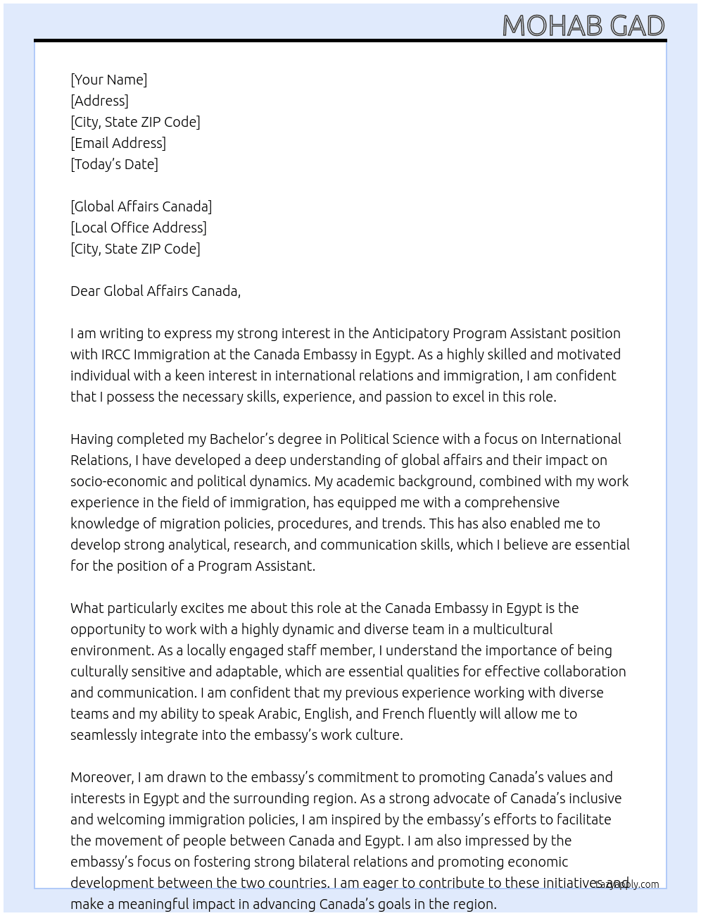Anticipatory - Program Assistant, IRCC Immigration At Canada Embassy in Egypt  Cover Letter