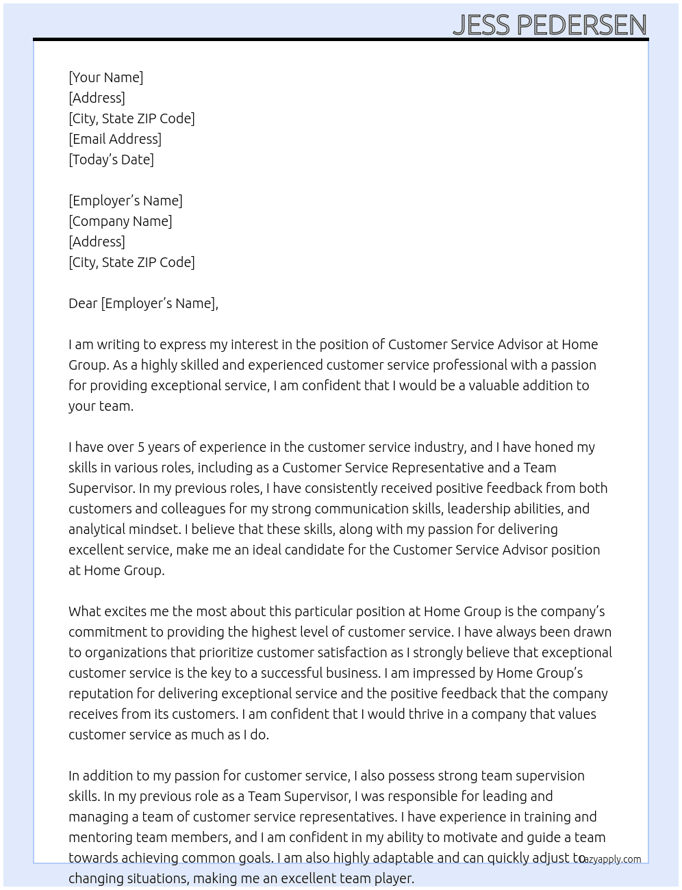 Customer Service Advisor  At Home Group Cover Letter