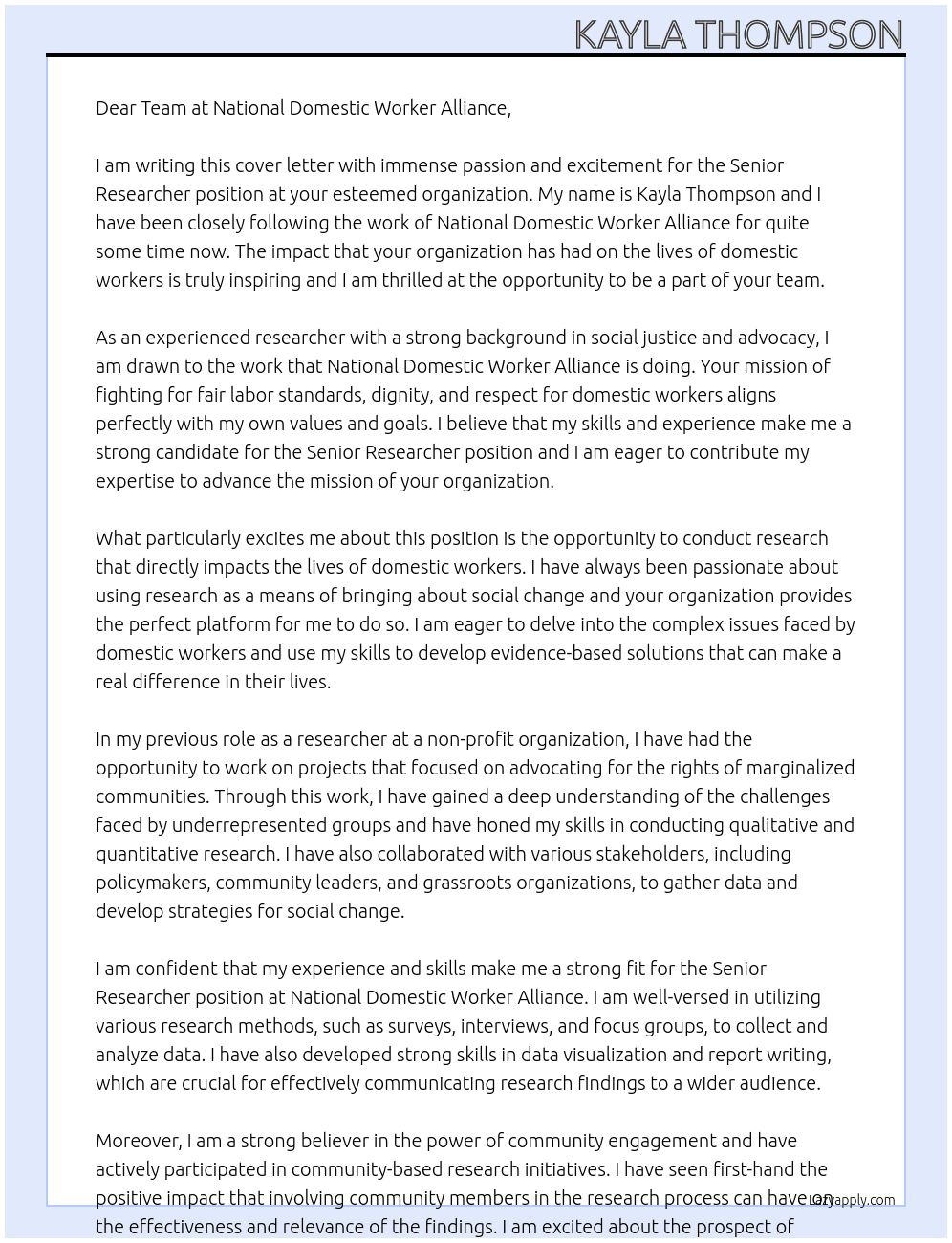 Senior Researcher At National Domestic Worker Alliance Cover Letter