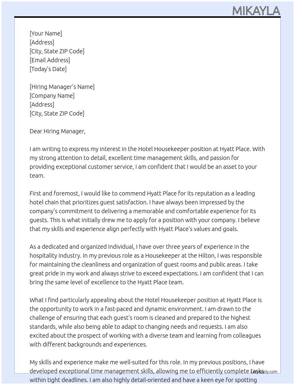 Hotel Housekeeper At Hyatt Place Cover Letter