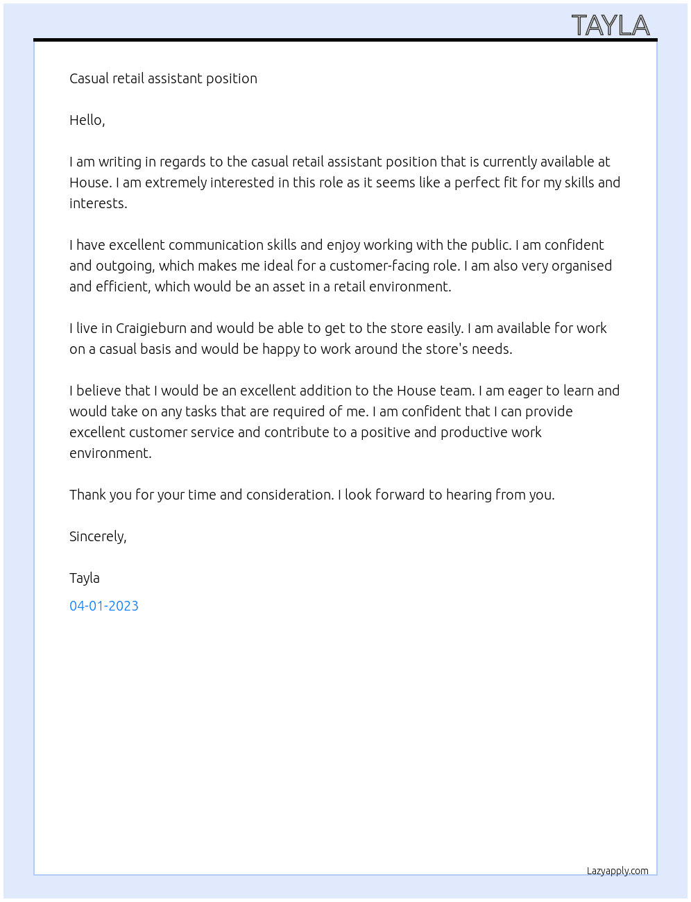 Casual retail assistant  At House Cover Letter