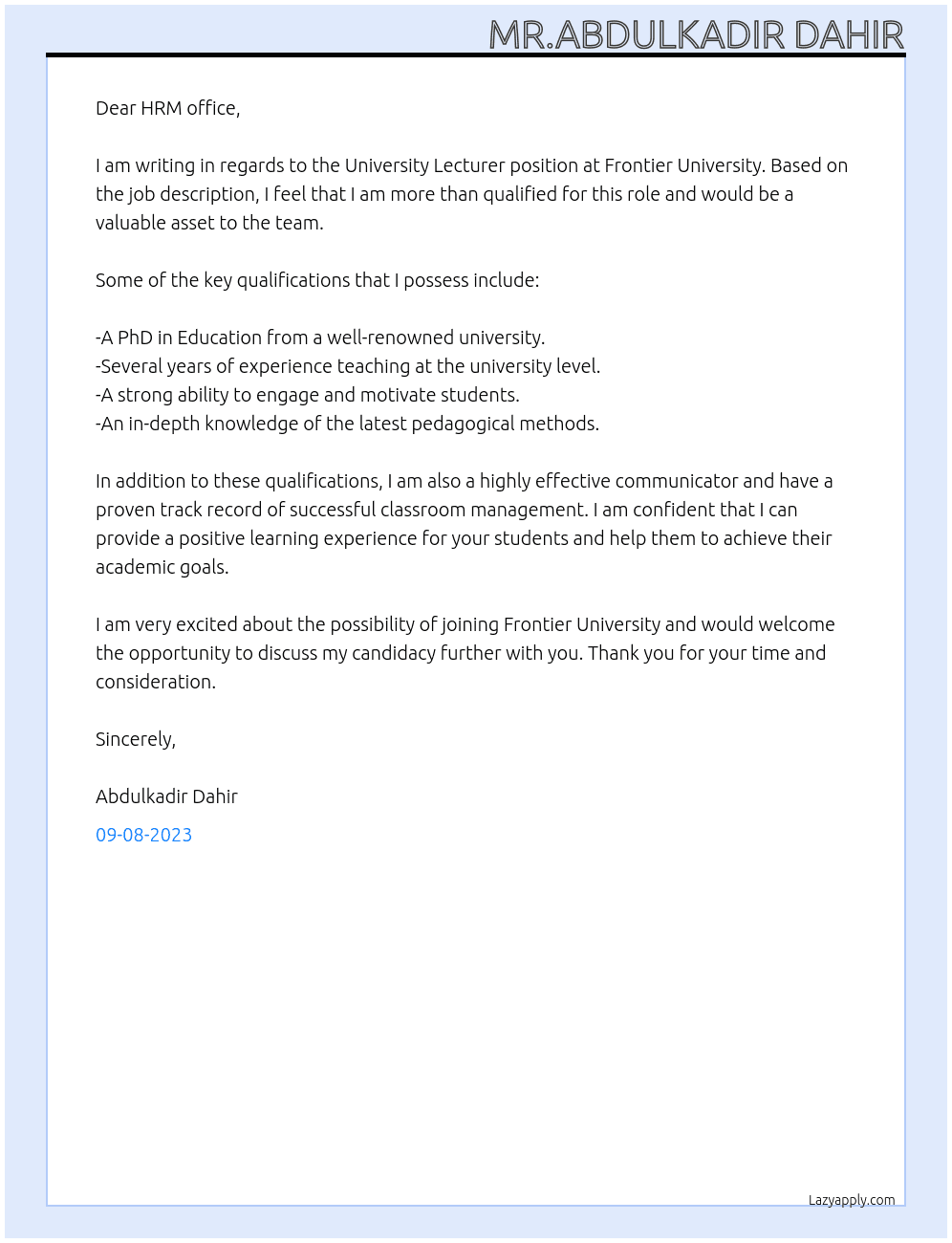 University lectuere At Frontier University Cover Letter