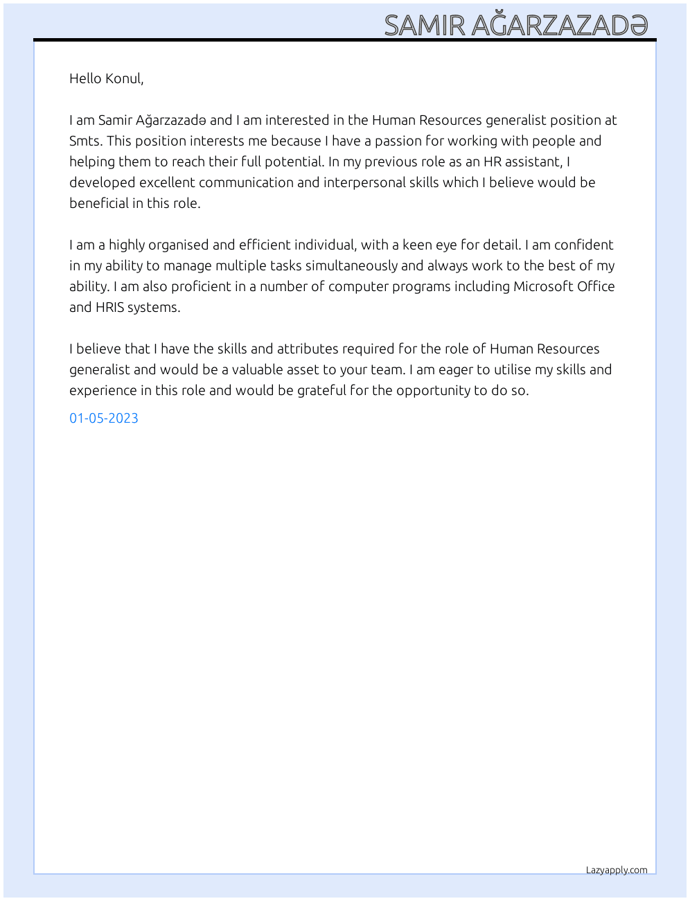 Human Resources generalist  At Smts  Cover Letter