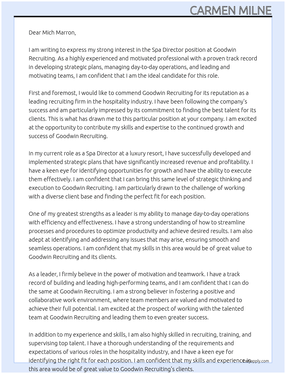 Spa Director  At Goodwin Recruiting Cover Letter