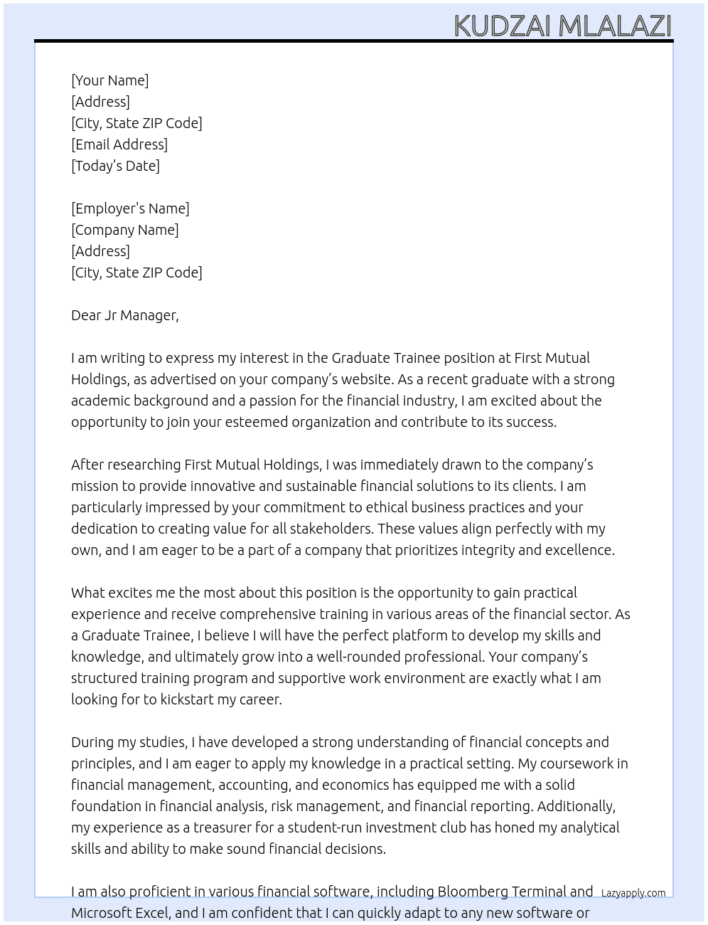 Graduate trainee  At First Mutual Holdings Cover Letter
