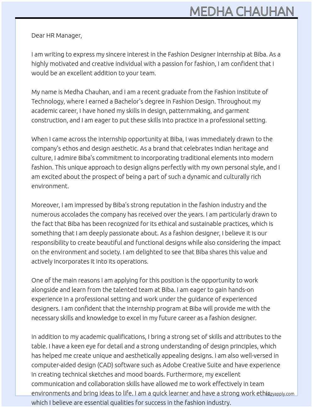 Fashion designer internship  At Biba Cover Letter