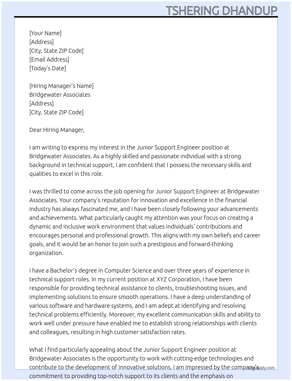 Juniour Support Engineer At Bridgewater Associates Cover Letter