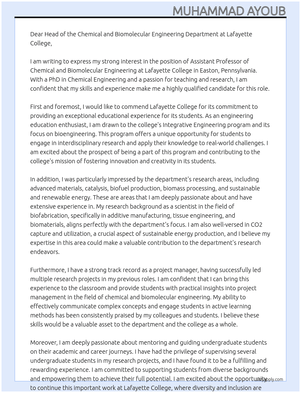 Assistant Professor of Chemical and Biomolecular Engineering At Lafayette College Easton, PA Cover Letter