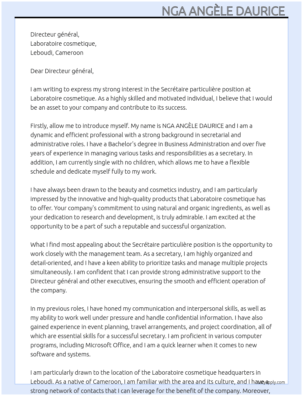 Secrétaire particulière  At Laboratoire cosmetique Cover Letter