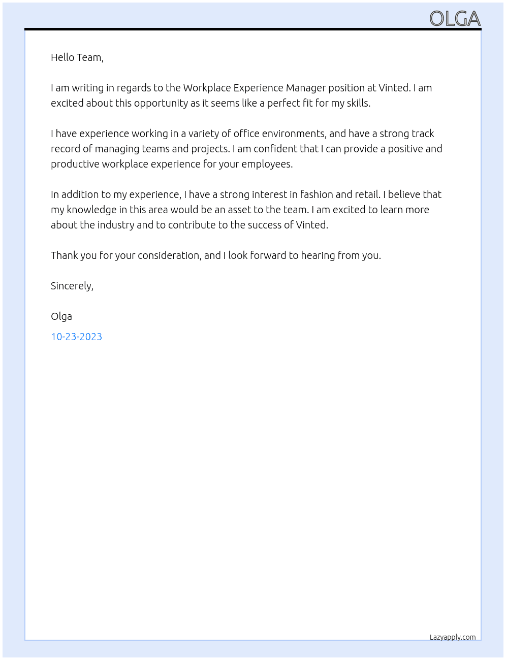 workplace experience manager At Vinted Cover Letter