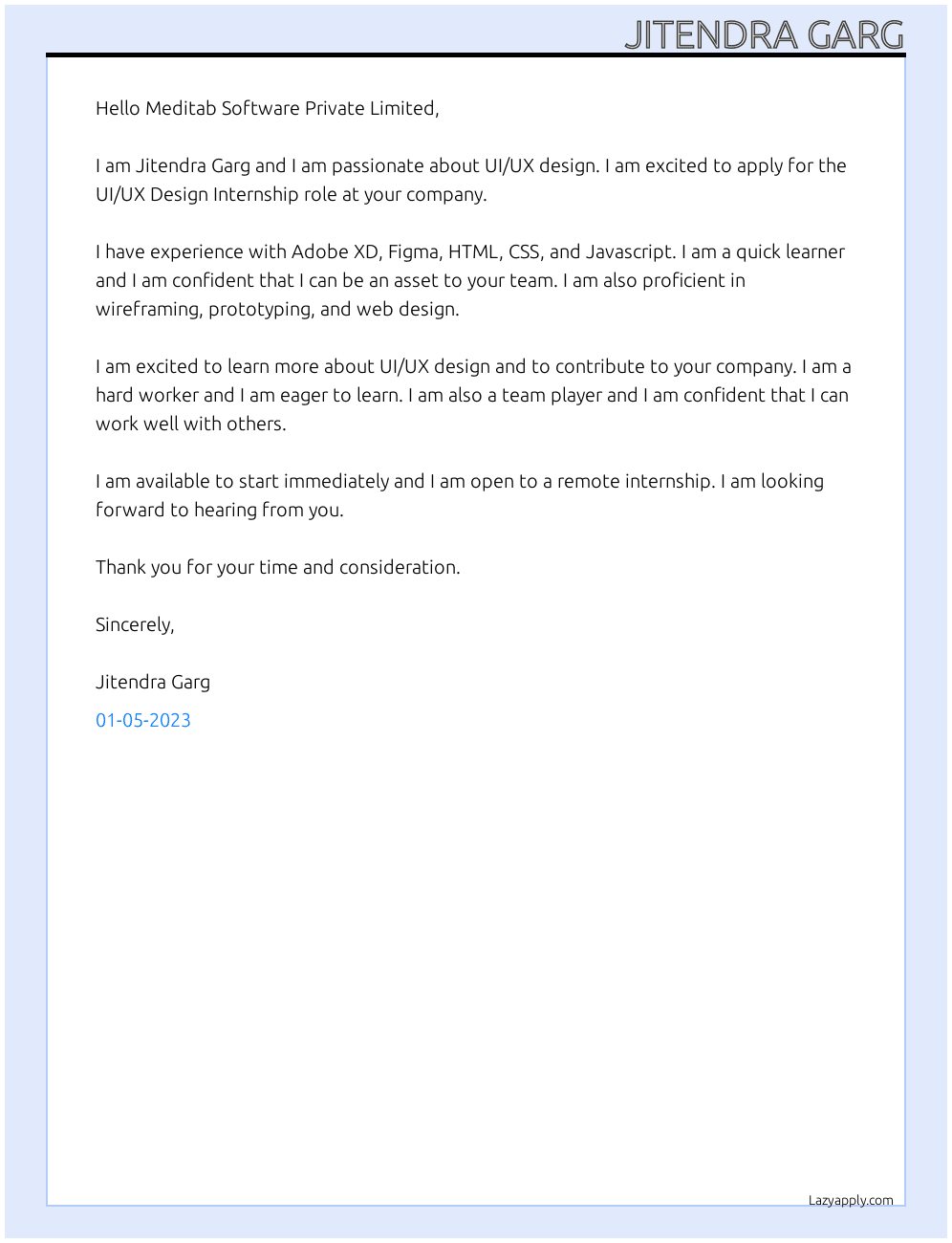 UI/UX Design Internship At Meditab Software Private Limited Cover Letter