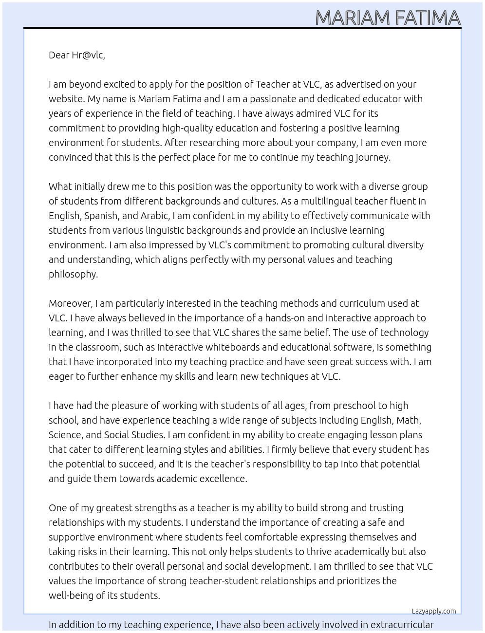 Teacher At VLC Cover Letter