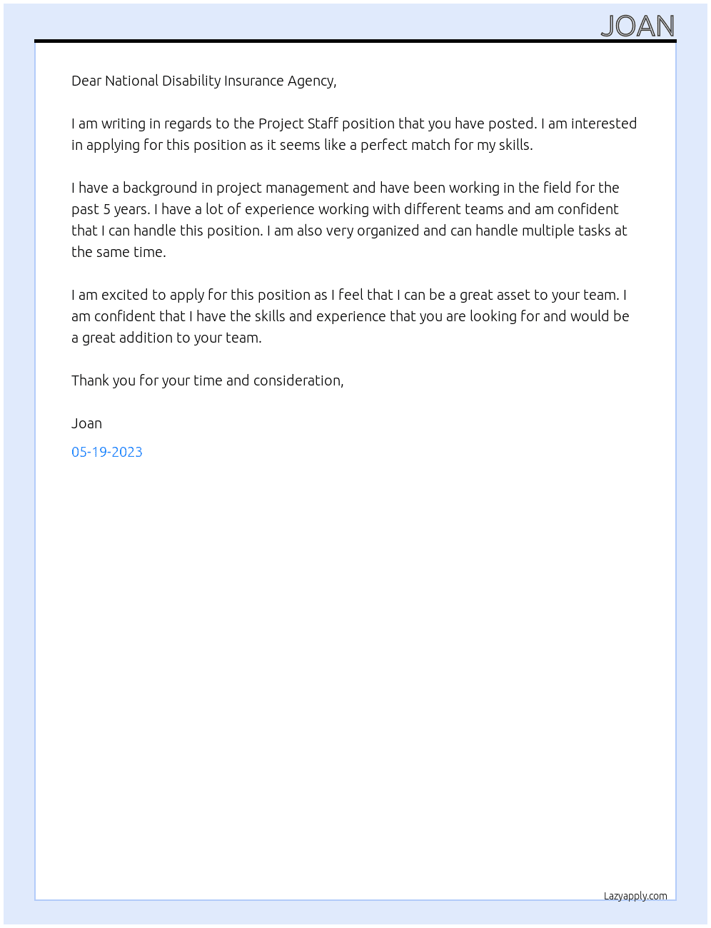 Project staff At National Disability Insurance Agency  Cover Letter
