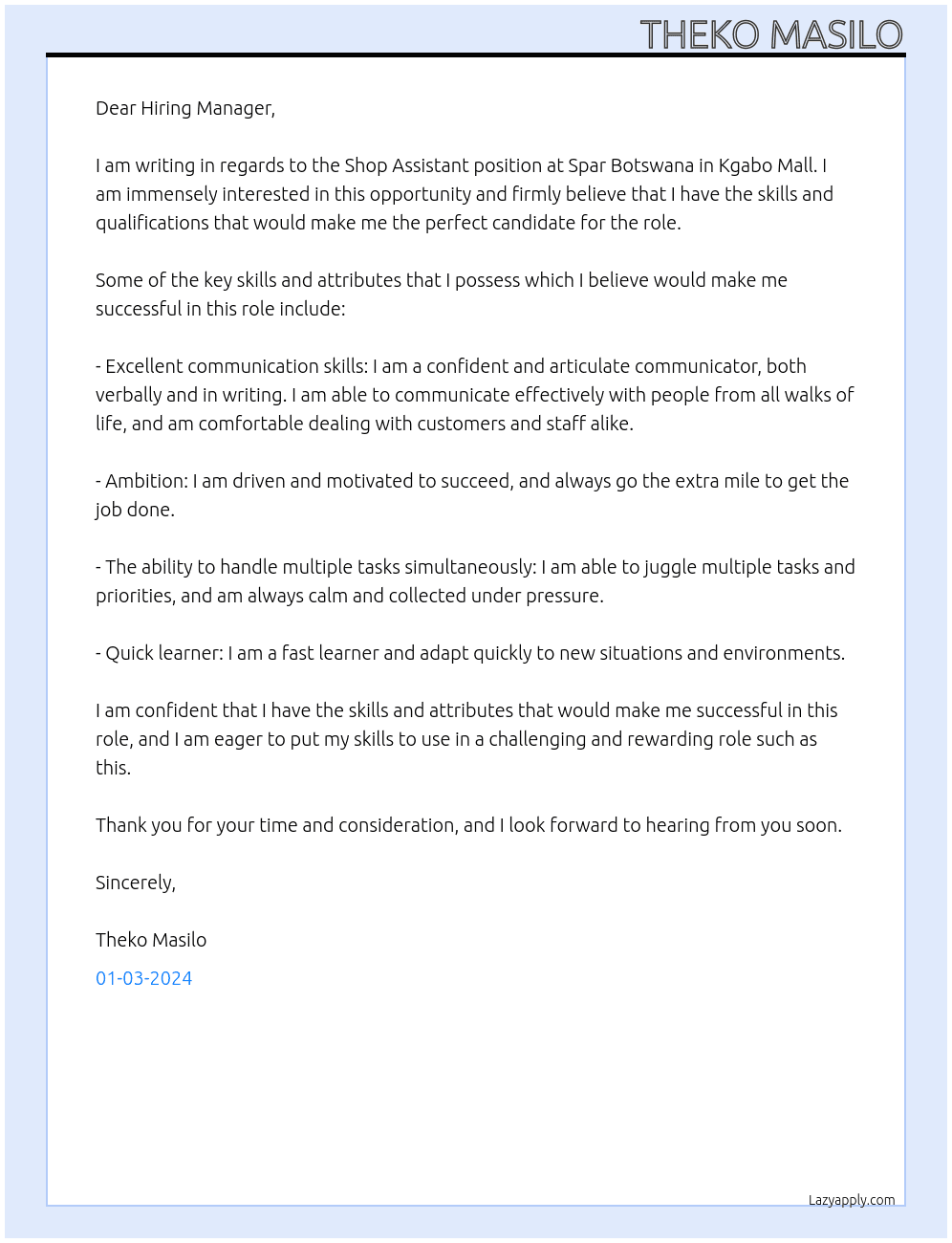 Shop Assistant  At Spar Botswana in Kgabo Mall  Cover Letter