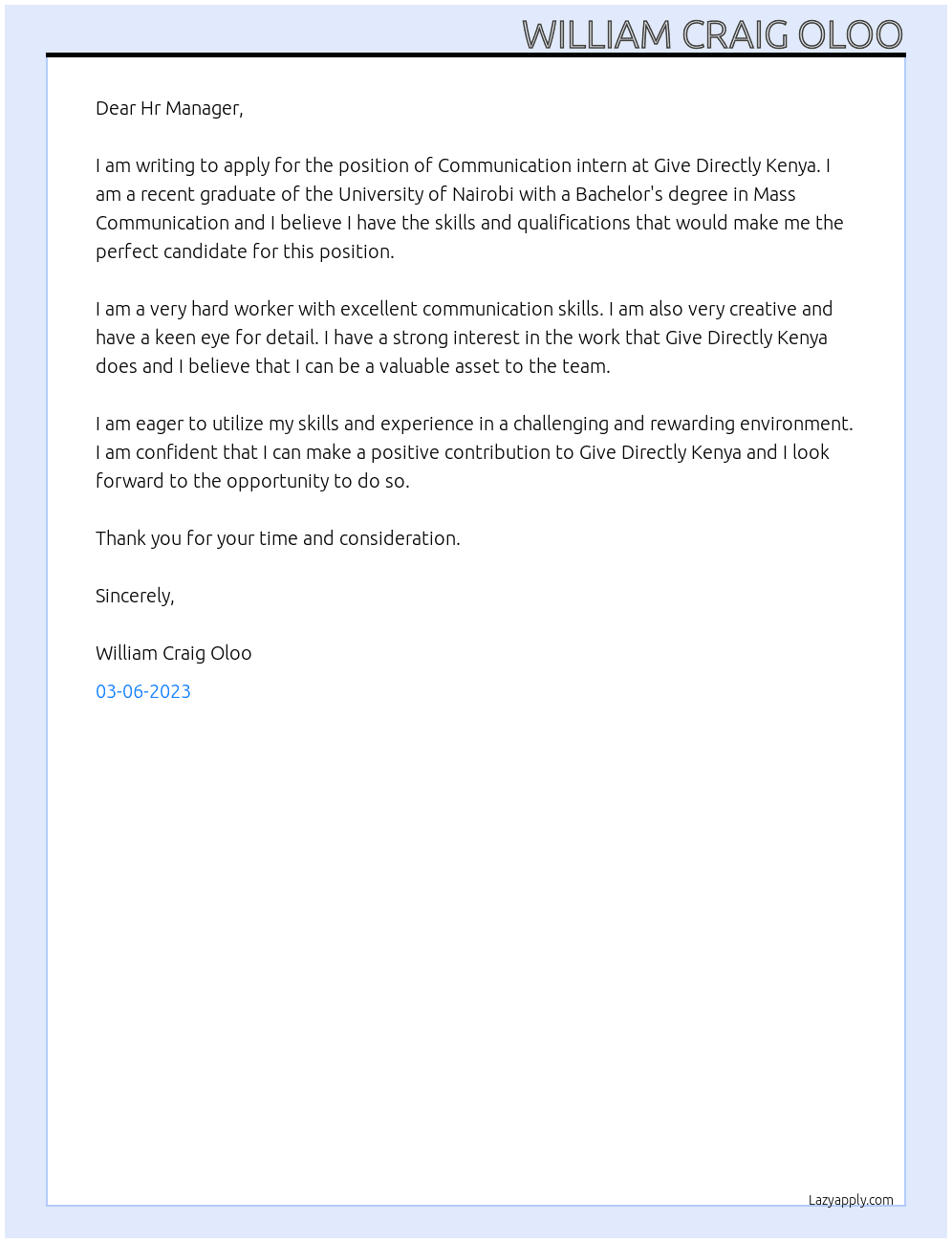 Communication intern  At Give Directly Kenya Cover Letter