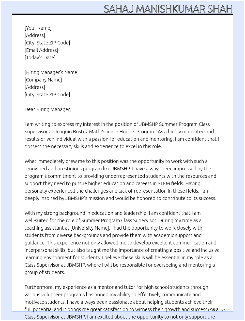 JBMSHP Summer Program Class Supervisor At Joaquin Bustoz Math-Science Honors Program Cover Letter