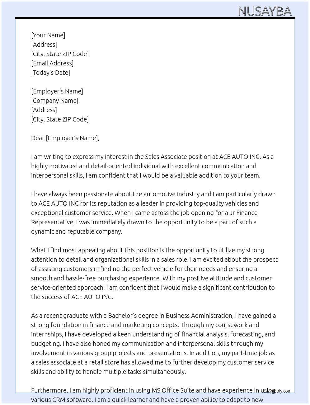 Sales Associate At ACE AUTO INC Cover Letter