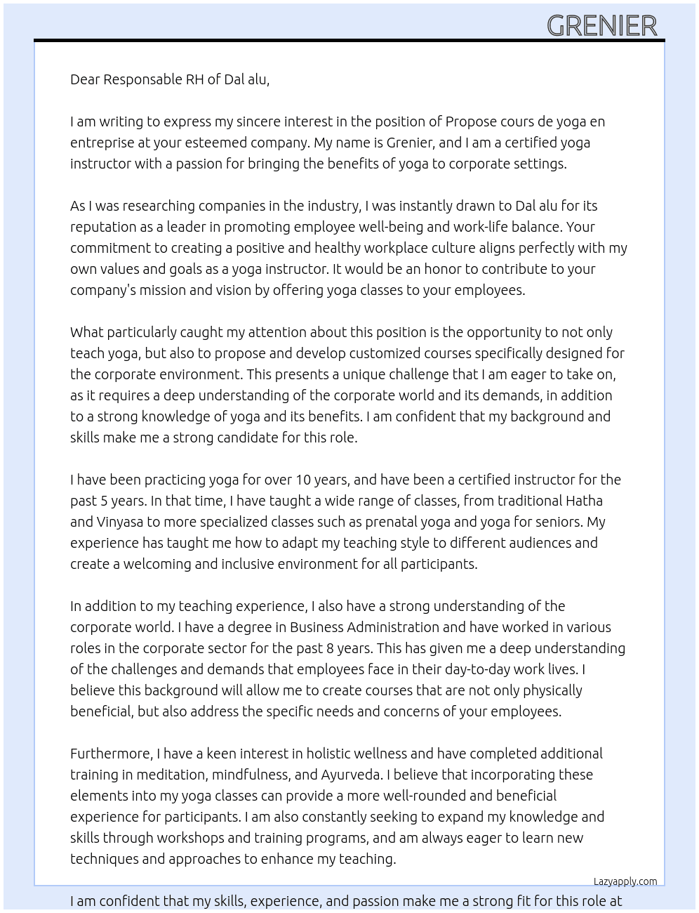 Propose cours de yoga en entreprise  At Dal alu Cover Letter