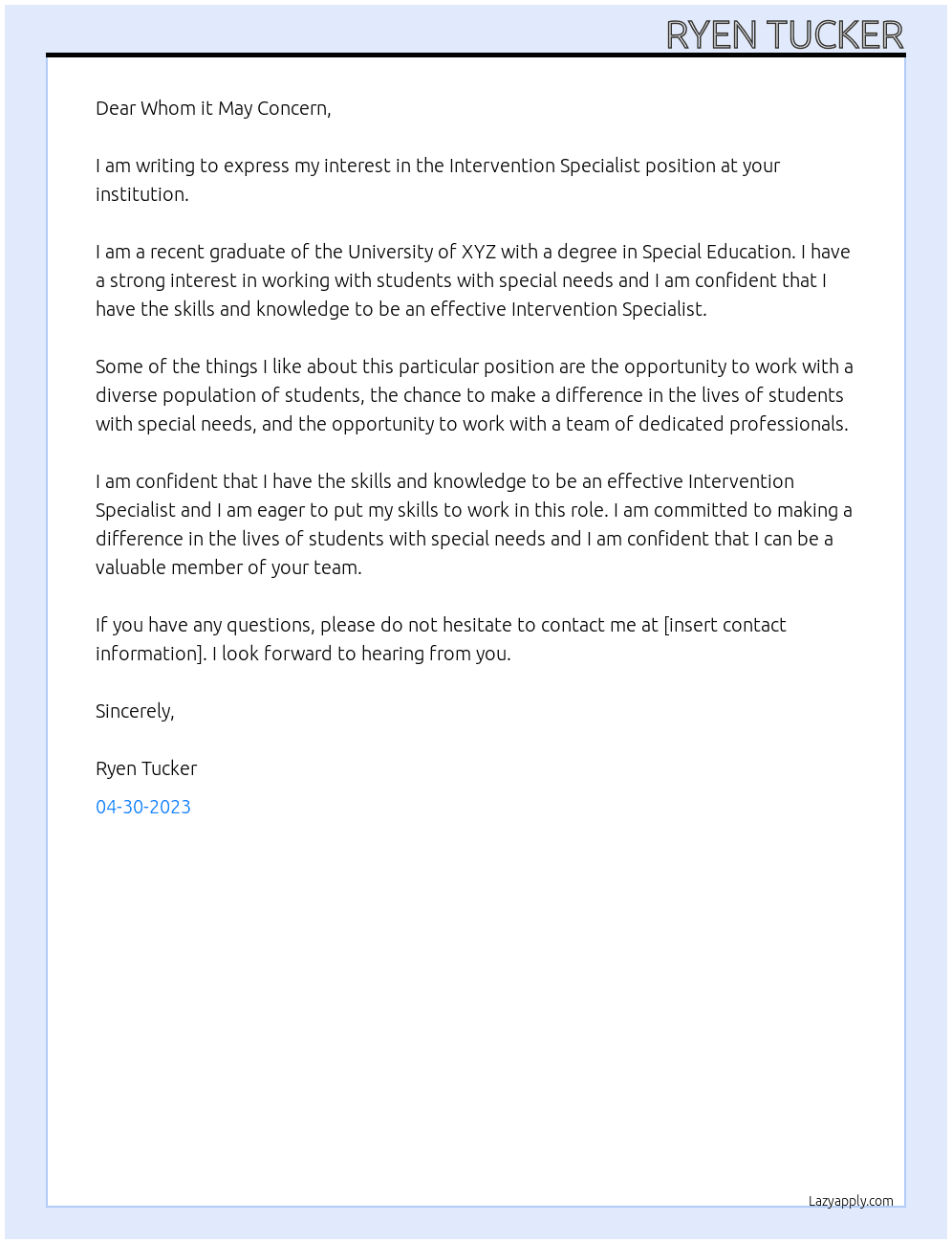 Intervention Specialist At your institution Cover Letter