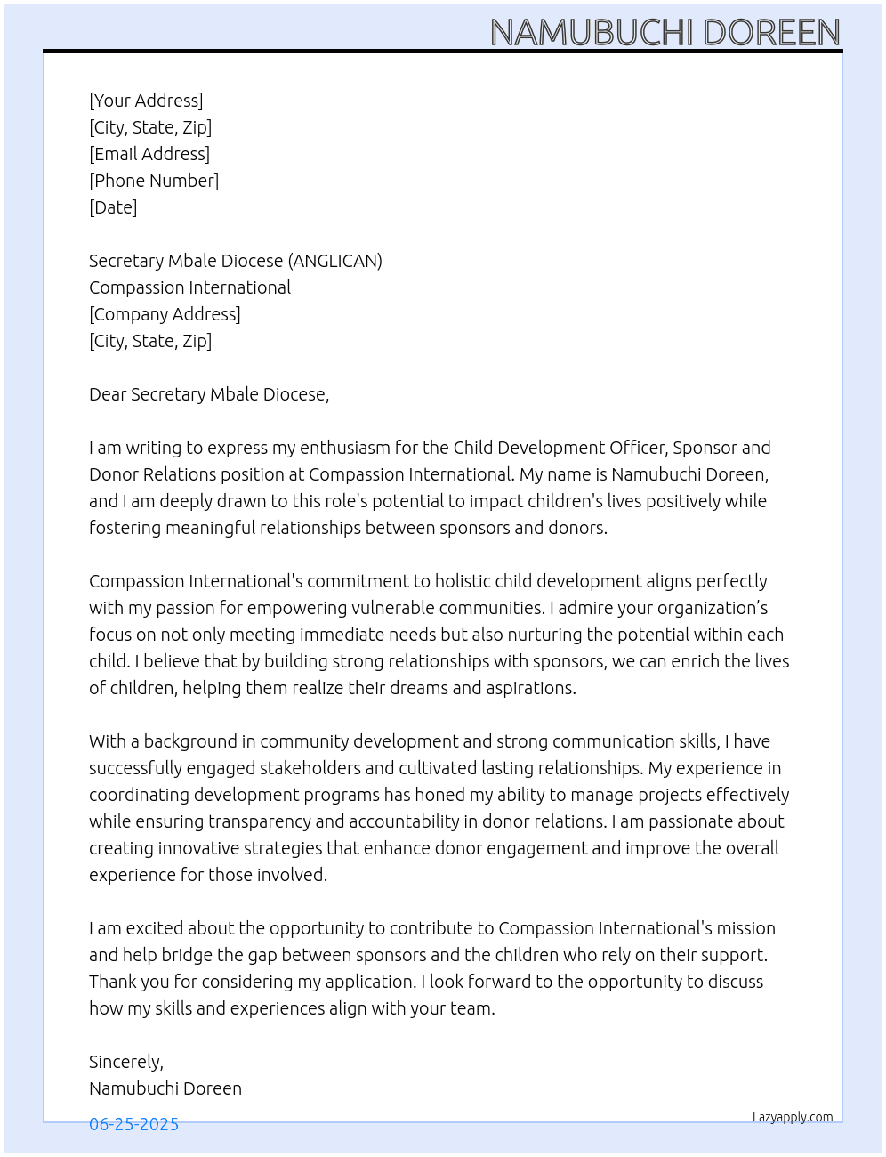 Child Development Officer, Sponsor And Donor Relations  At Compassion International  Cover Letter
