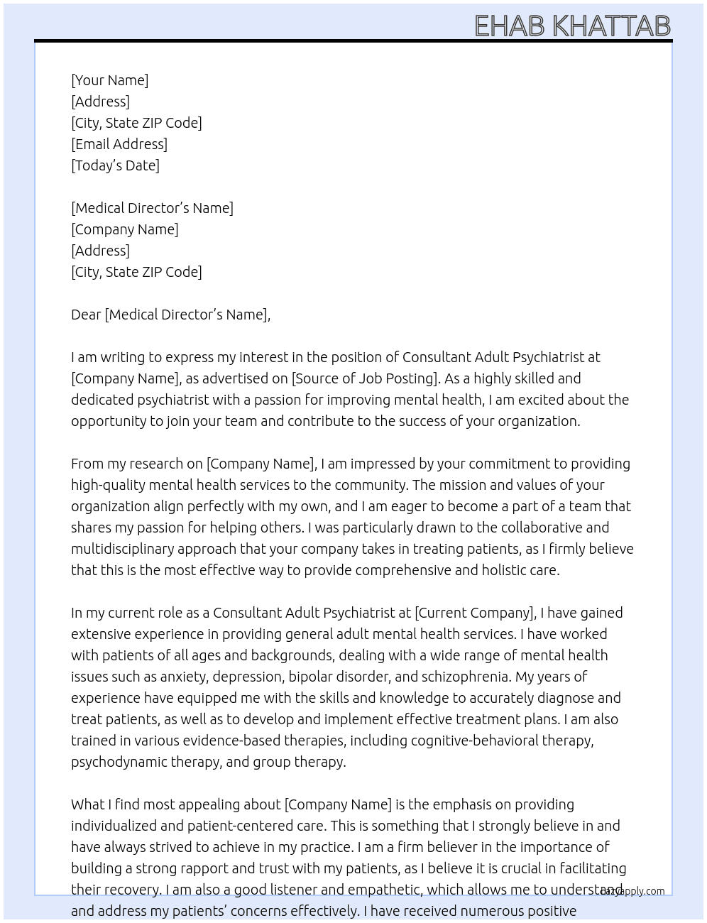 cosultant adult psychiatrist At mental health provider Cover Letter