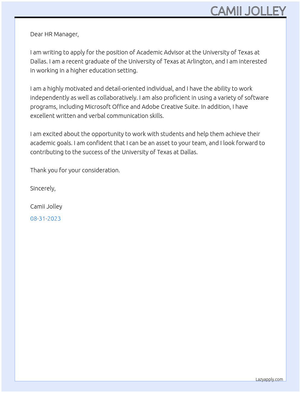 Academic Advisor At University of Texas at Dallas Cover Letter