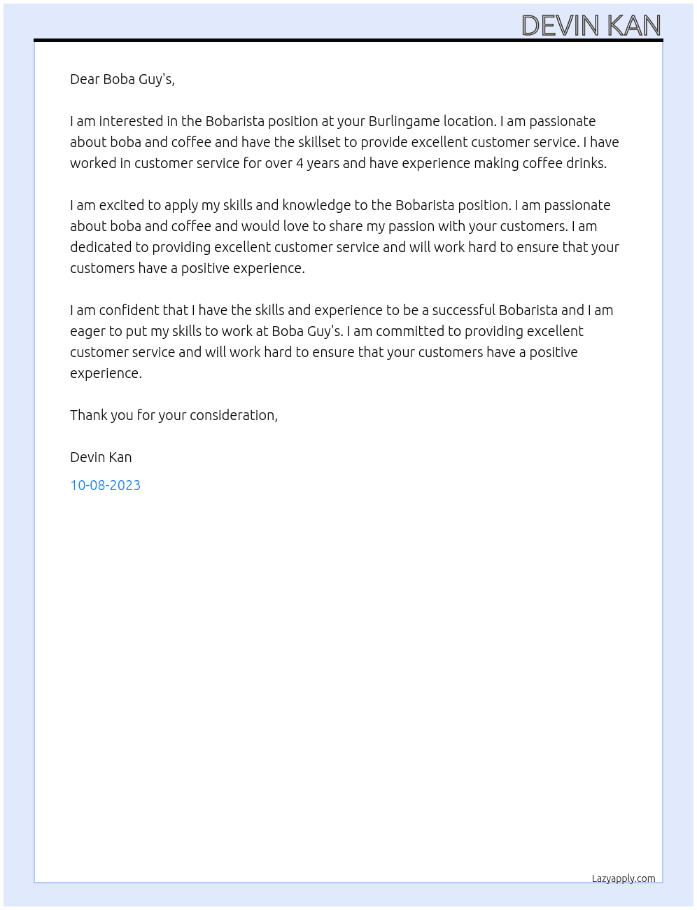 Bobarista - Burlingame At Boba Guy's  Cover Letter