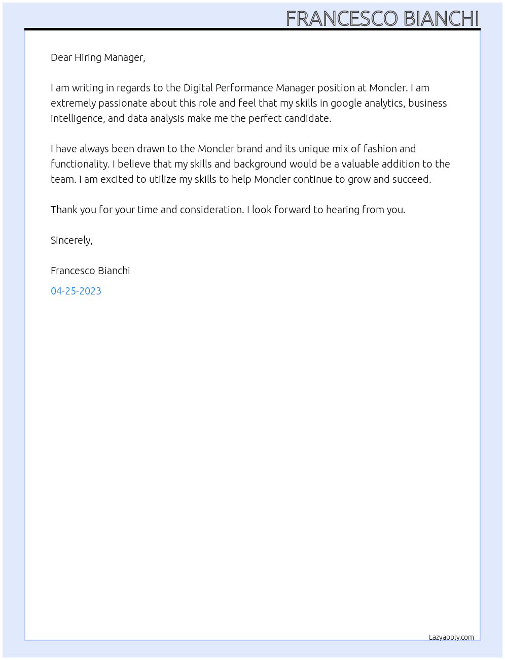 Digital Performance Manager At Moncler Cover Letter