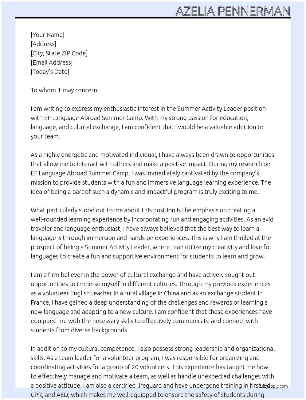 Cover letter for summer activity leader - LazyApply