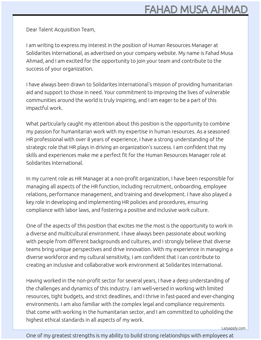 Human Resources Manager At Solidarites International Cover Letter