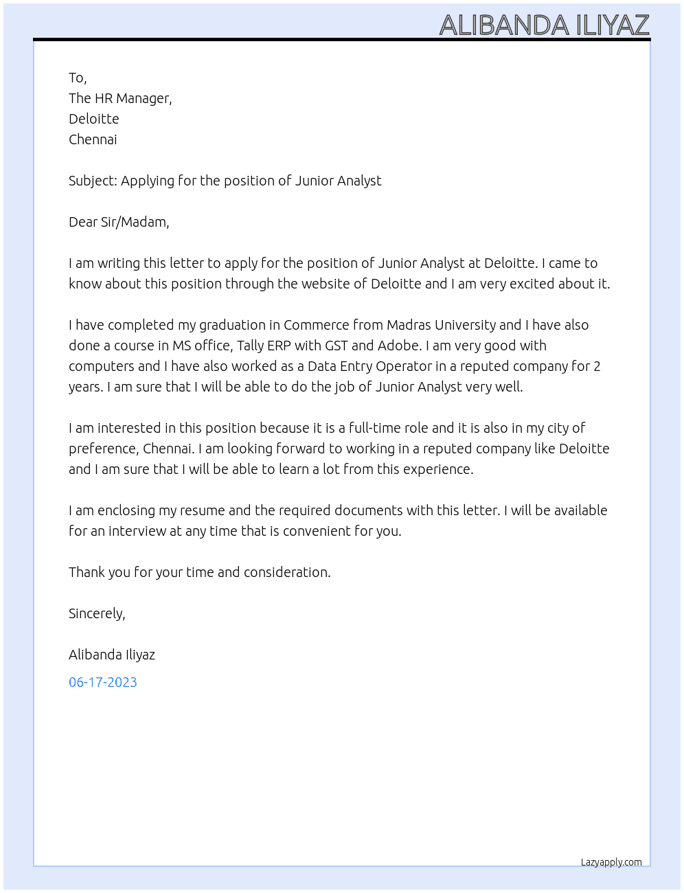Junior Analyst At Deloitte Cover Letter