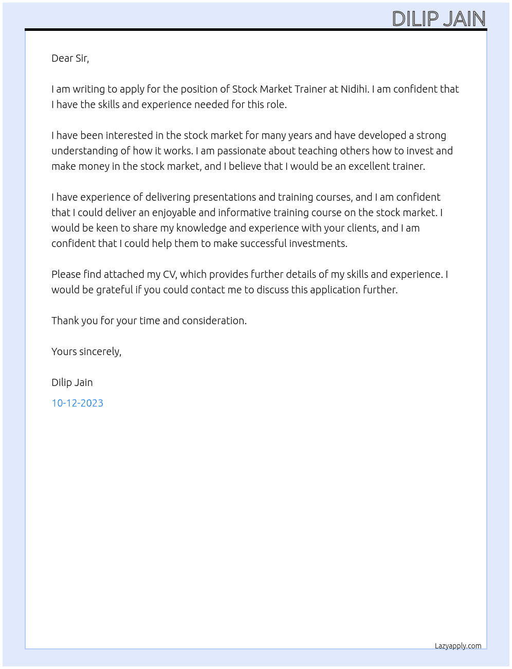 Stock market trainer At Nidihi Cover Letter
