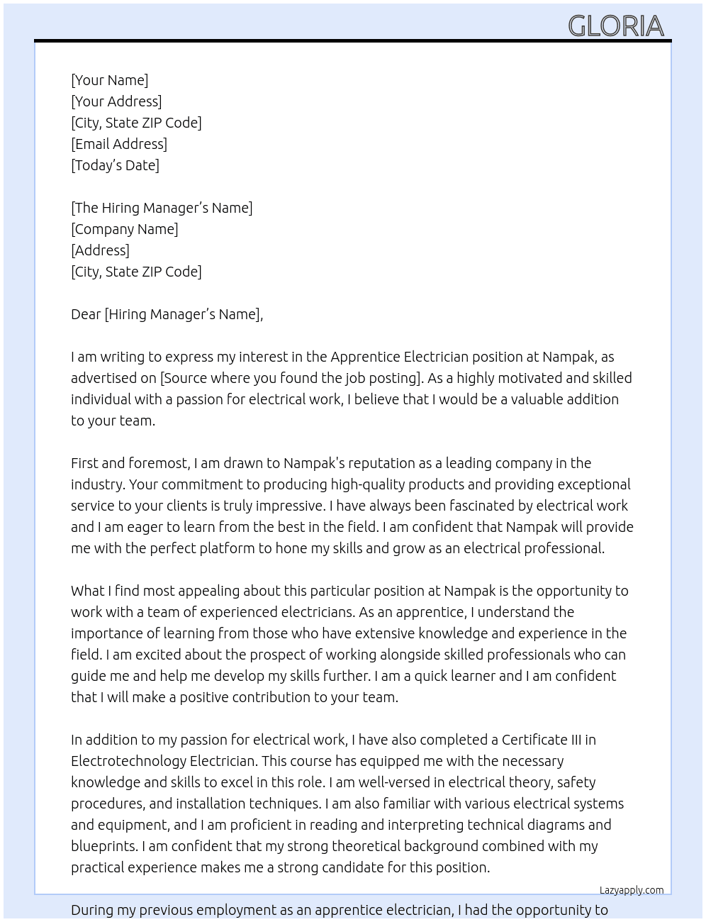 Apprentice Electrician  At Nampak Cover Letter