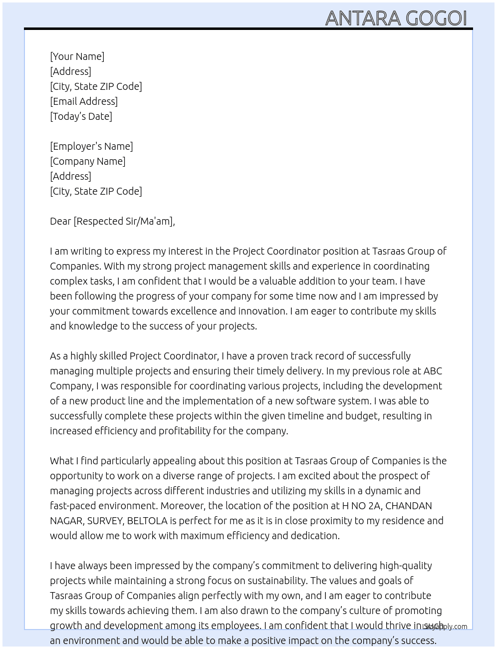 Project Coordinator  At Tasraas Group of Companies Cover Letter