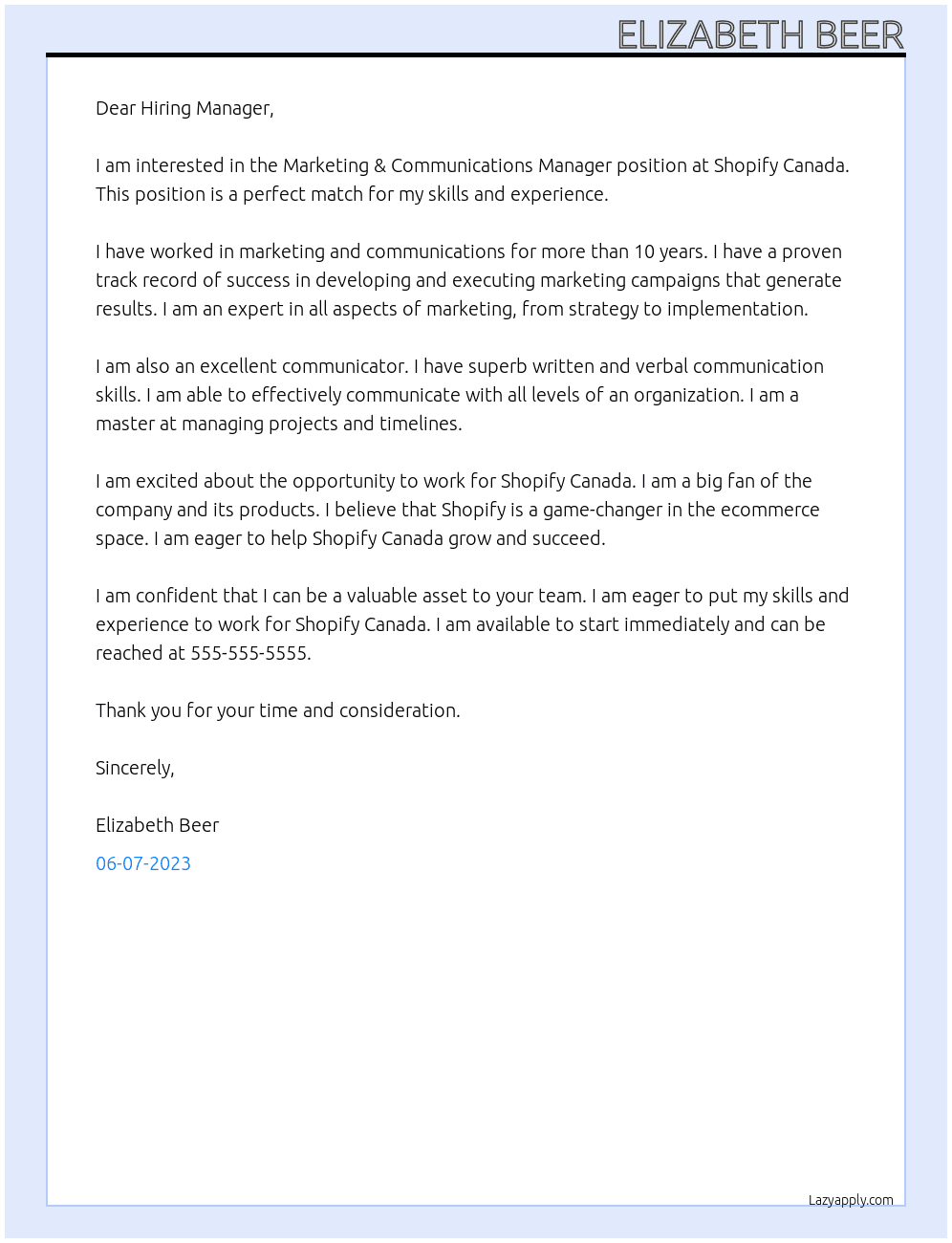 Marketing & Communications Manager At Shopify Canada Cover Letter