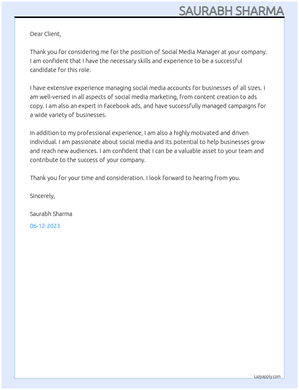 Social media managers  At Facebook ads specialist   Cover Letter