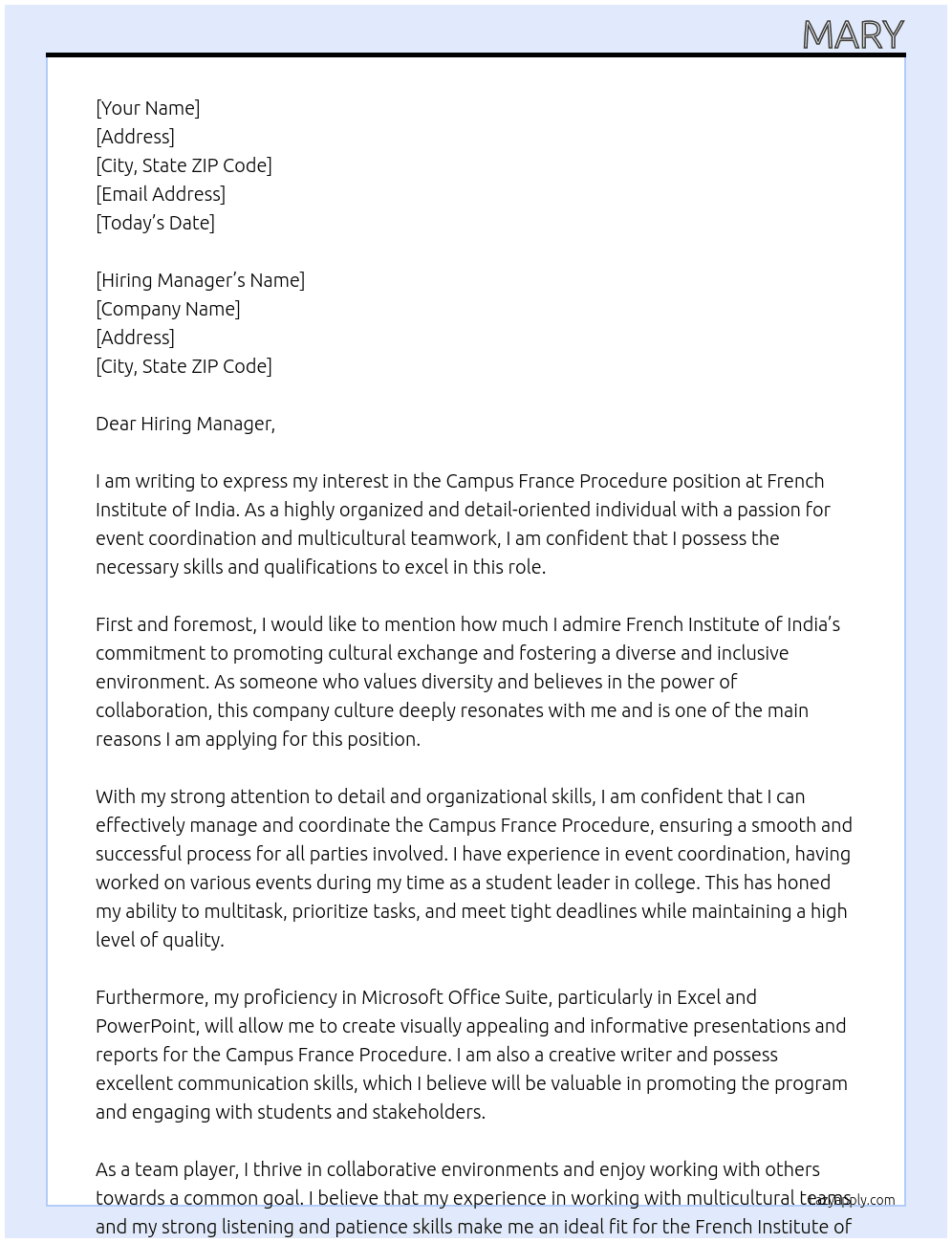campus france procedure At French institute of india Cover Letter