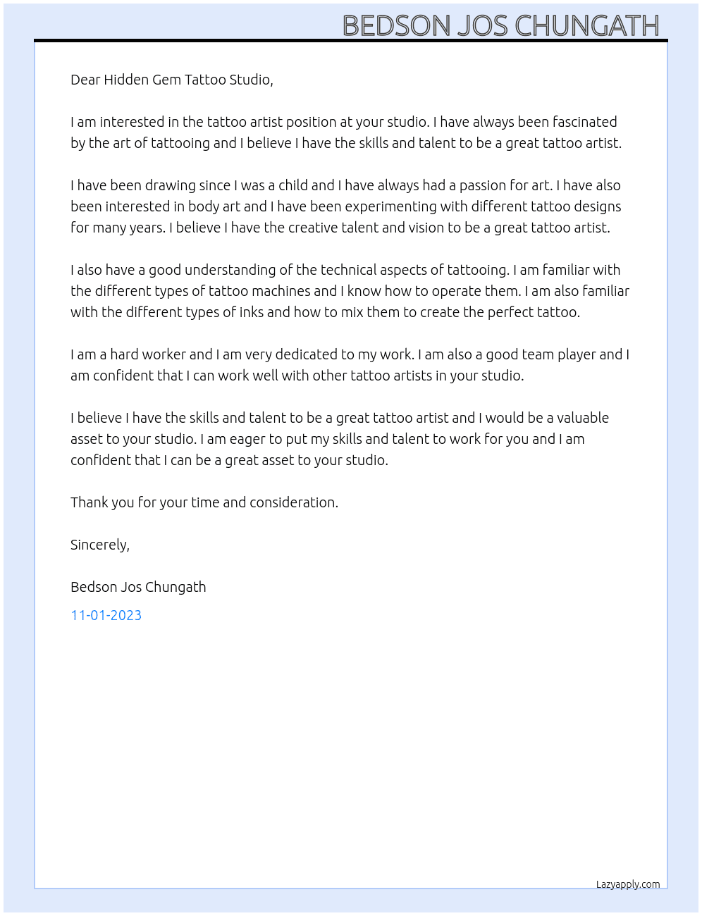Tattoo artist  At Tattoo studio  Cover Letter