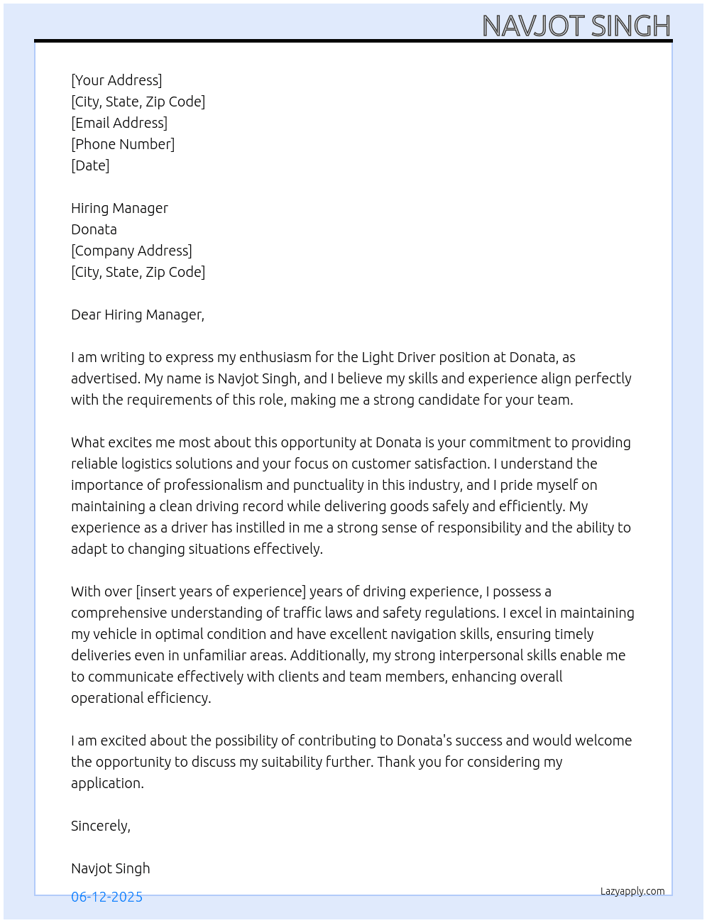 Light Driver  At Donata Cover Letter