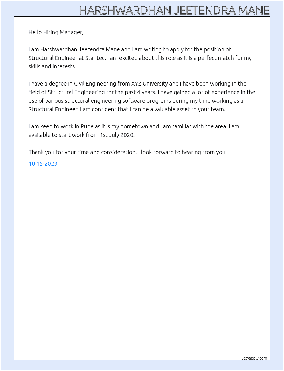 Structural Engineer At Stantec Cover Letter