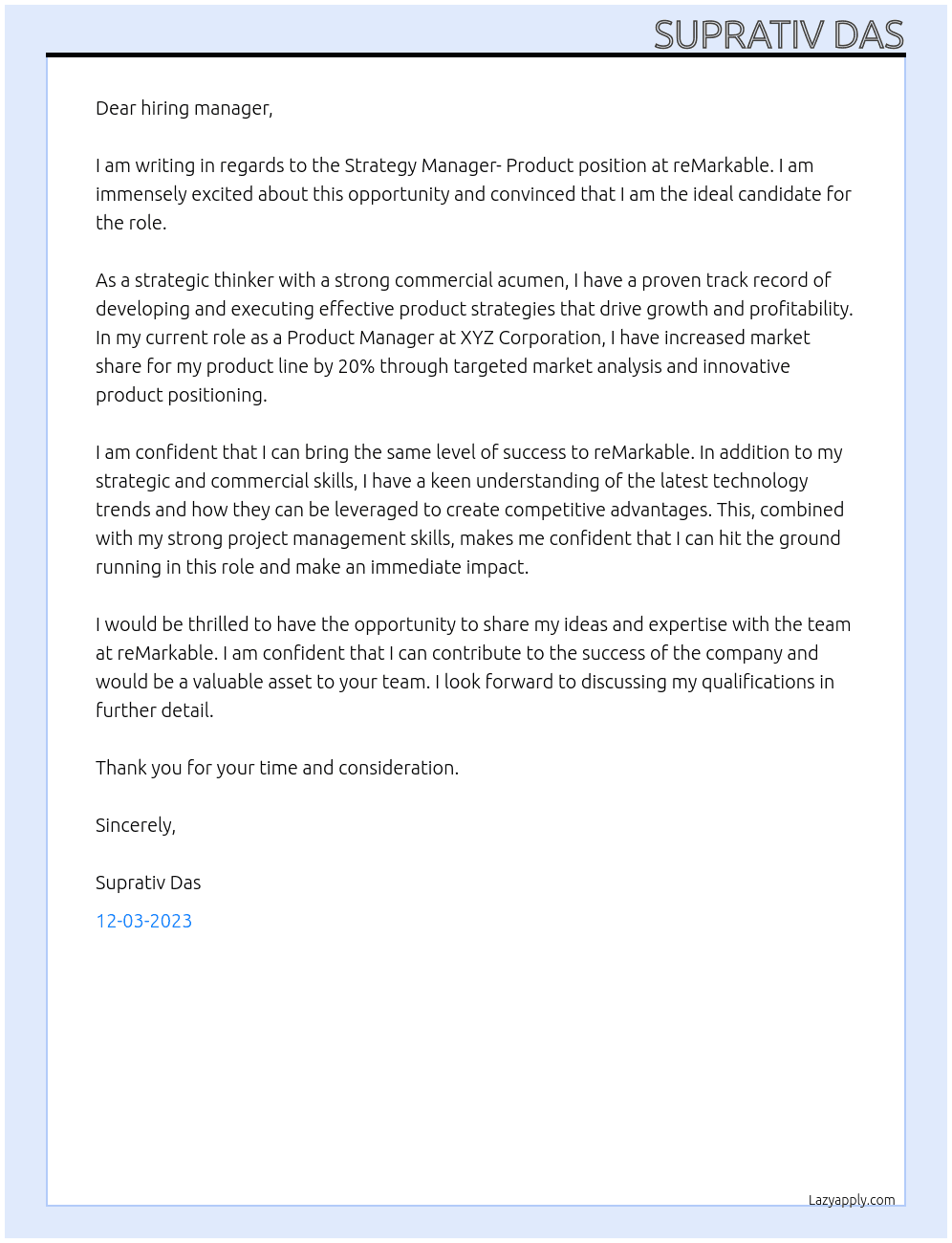Strategy Manager- Product At reMarkable Cover Letter