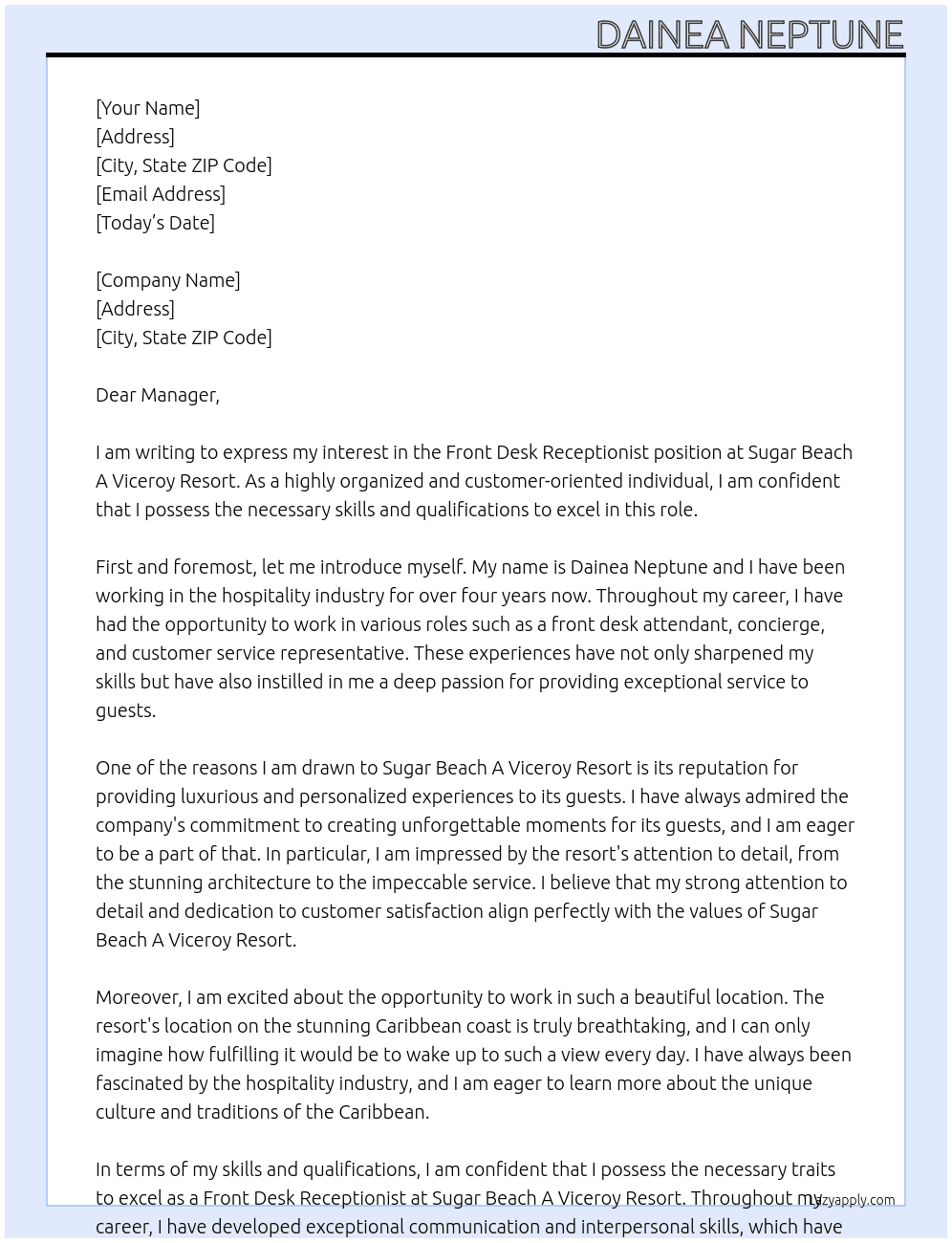 Front Desk Receptionist  At Sugar Beach A viceroy Resort Cover Letter