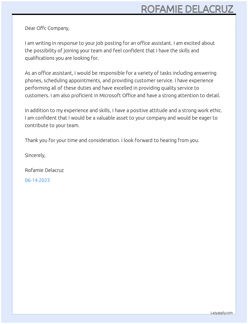 office assistant  At offc company  Cover Letter