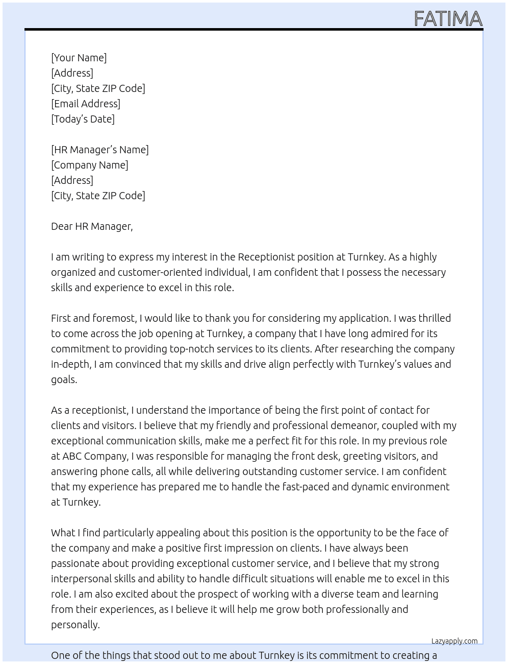 Receptionist At Turnkey Cover Letter