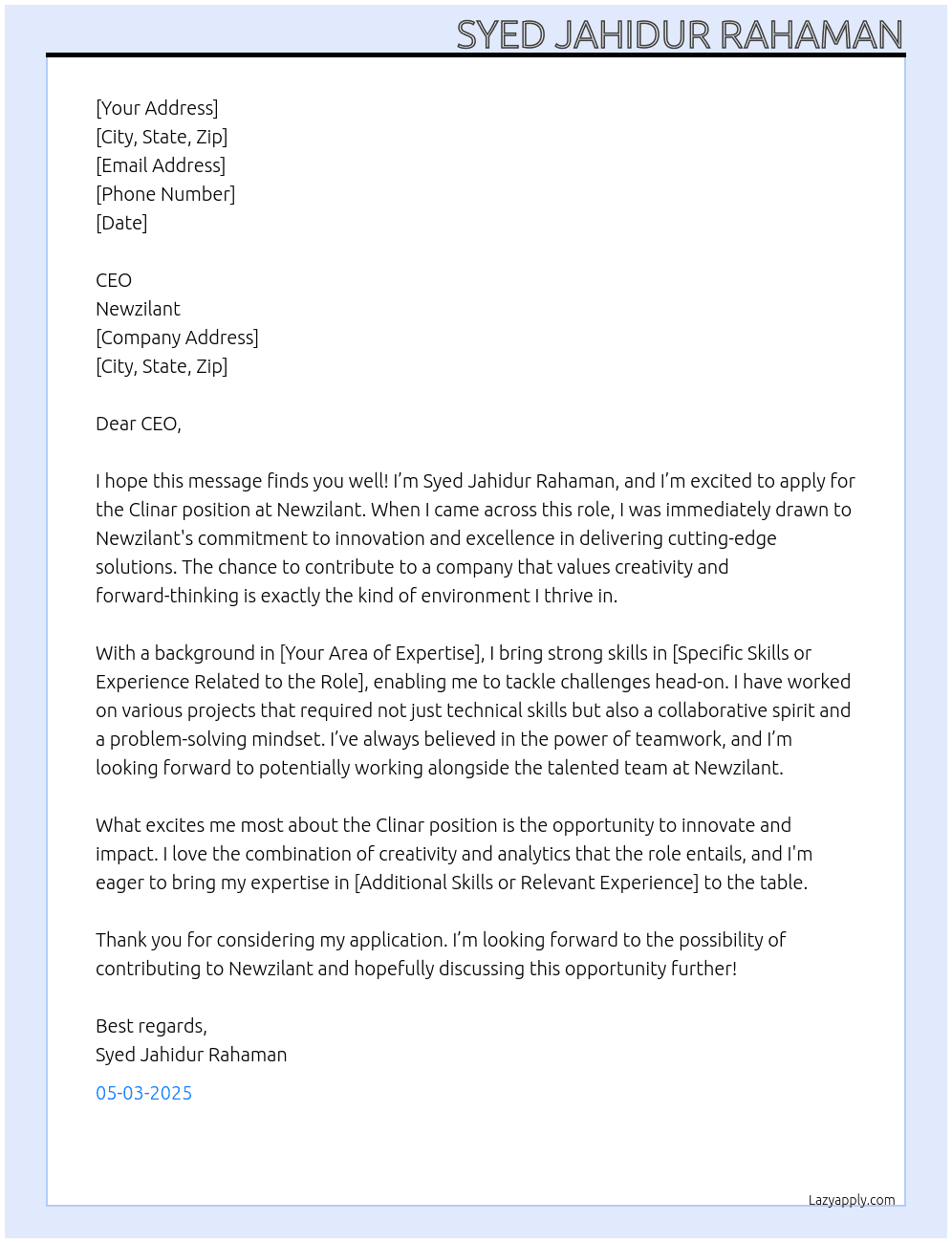 Clinar At Newzilant Cover Letter