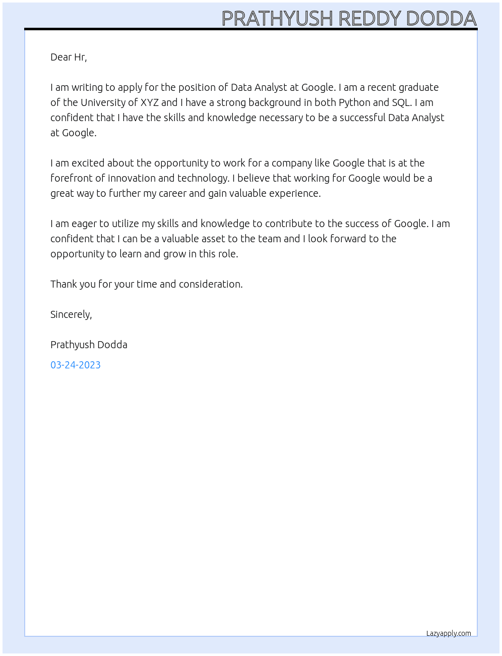 Data analysis  At Google Cover Letter