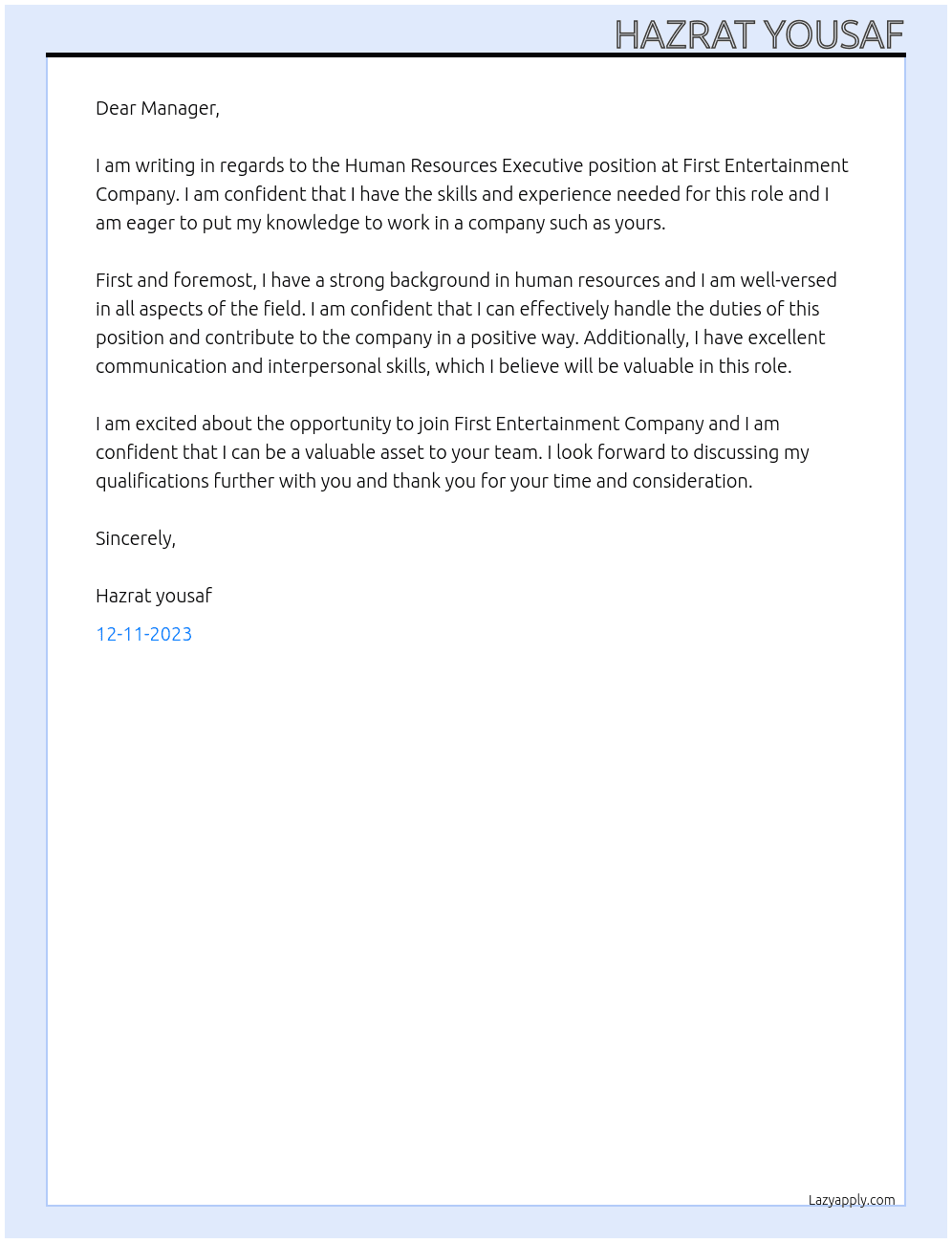Human Resources Executive At First Entertainment Company Cover Letter