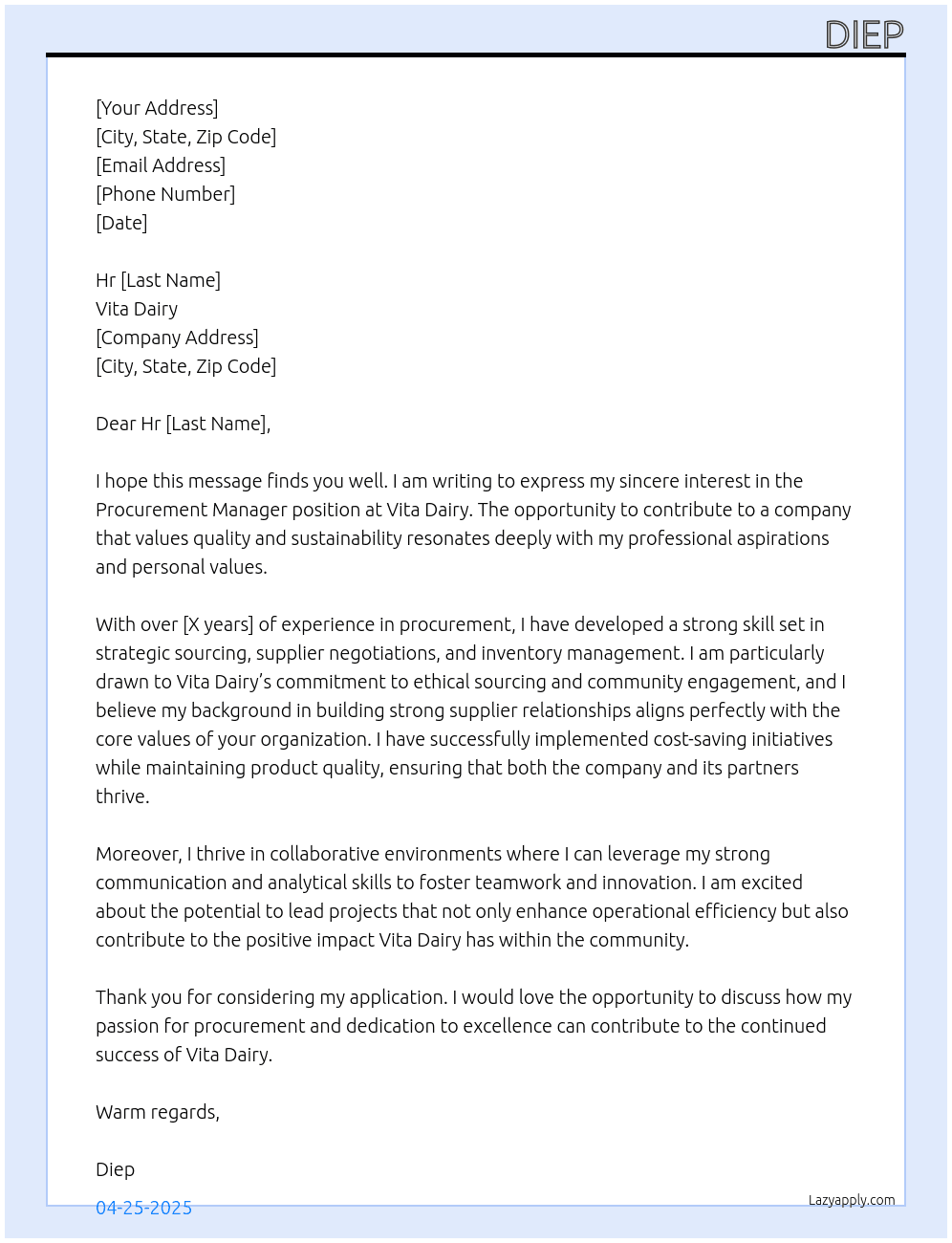 Procurement manager At Vita dairy  Cover Letter