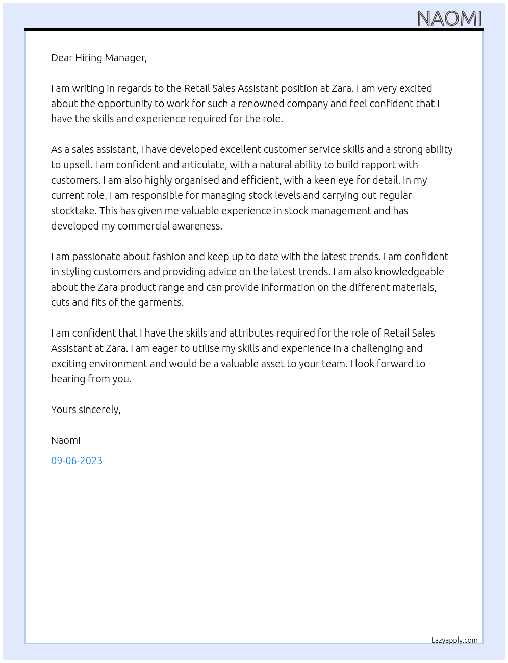 Retail sales assistant At Zara Cover Letter